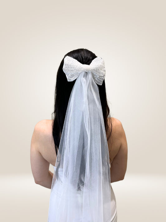 bridal veil with bow barrette clip