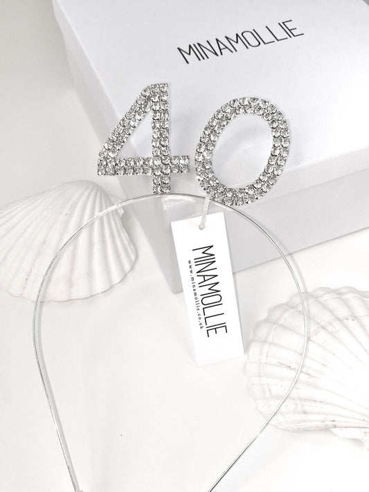 40th birthday headband. diamante design in Silver