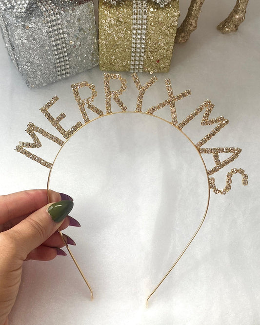 Christmas Headband - Adult, in Gold with Merry Xmas Lettering. one size, sparkly diamante designs
