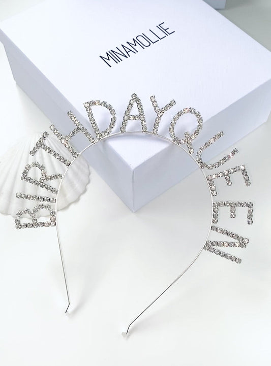 birthday queen slogan sparkly diamante headband in silver